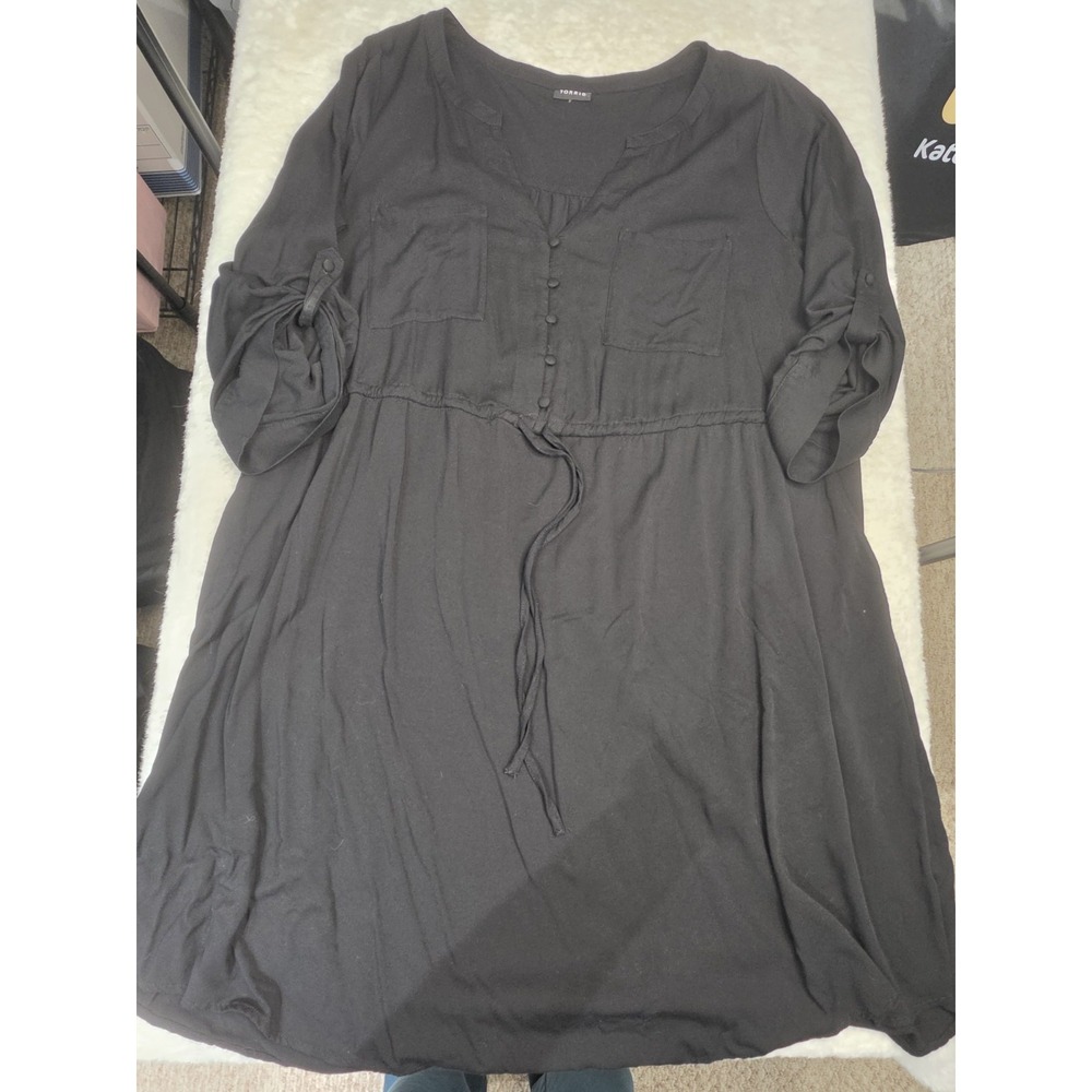 Torrid 3 Black Button Front Shirt Dress Rolled Sleeves Drawstring Waist Pockets